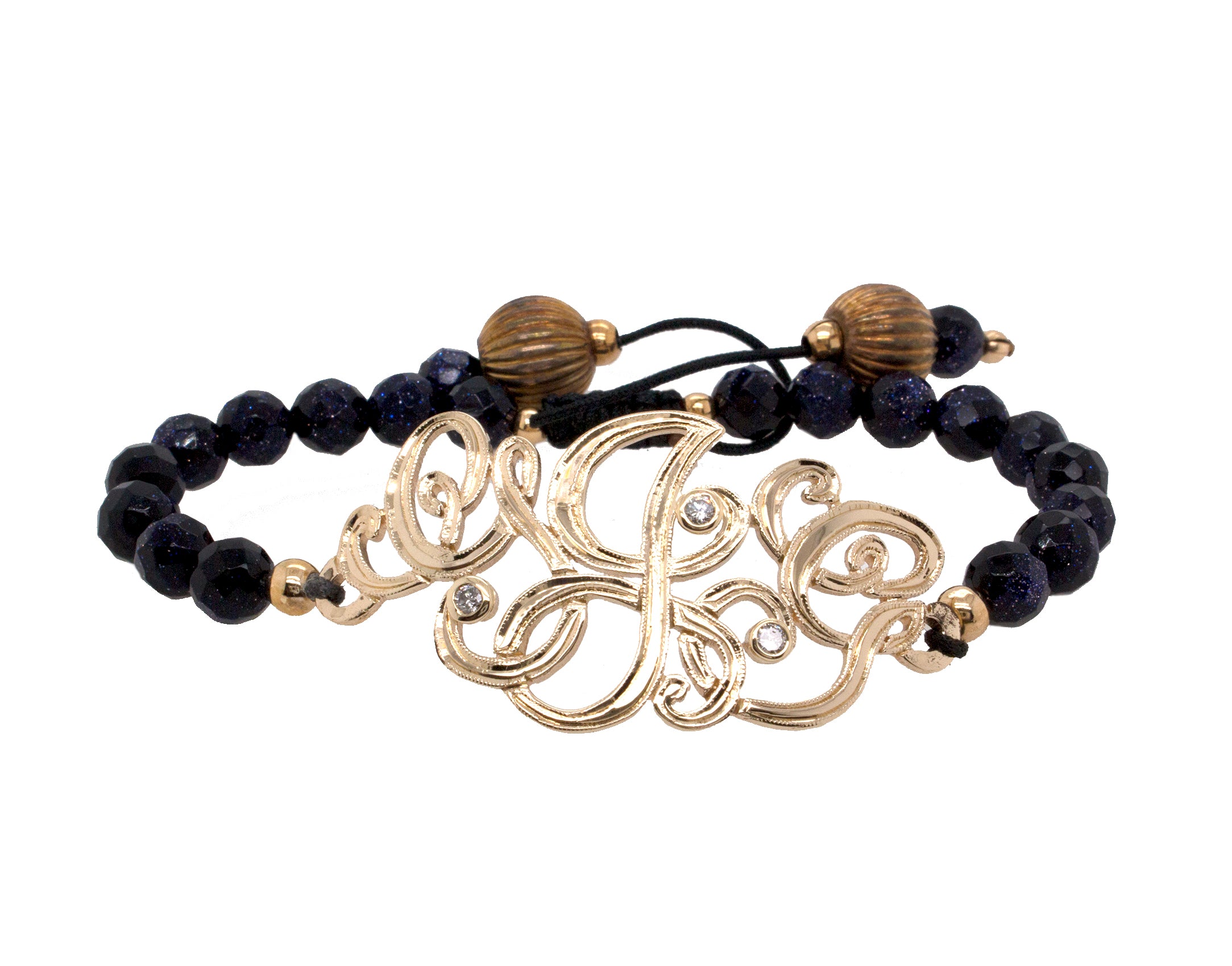 bracelet, bracelet on white background, solid gold monogram, monogram, custom monogram, initial bracelet, engraved bracelet, diamond monogram, diamond bracelet, beaded bracelet, adjustable bracelet, sandstone bracelet, solid gold bracelet
