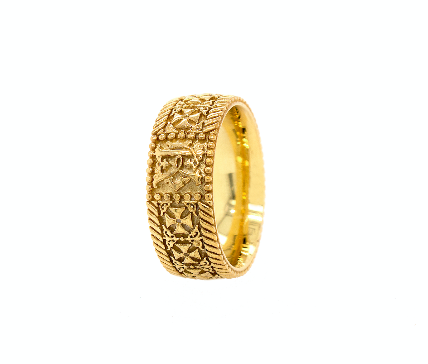 ring, ring on white background, gold ring, yellow gold ring, solid gold ring, mens ring, women's ring, solid gold wedding band. ring with celtic cross, cross ring, monogram ring, personalized monogram ring, initial ring