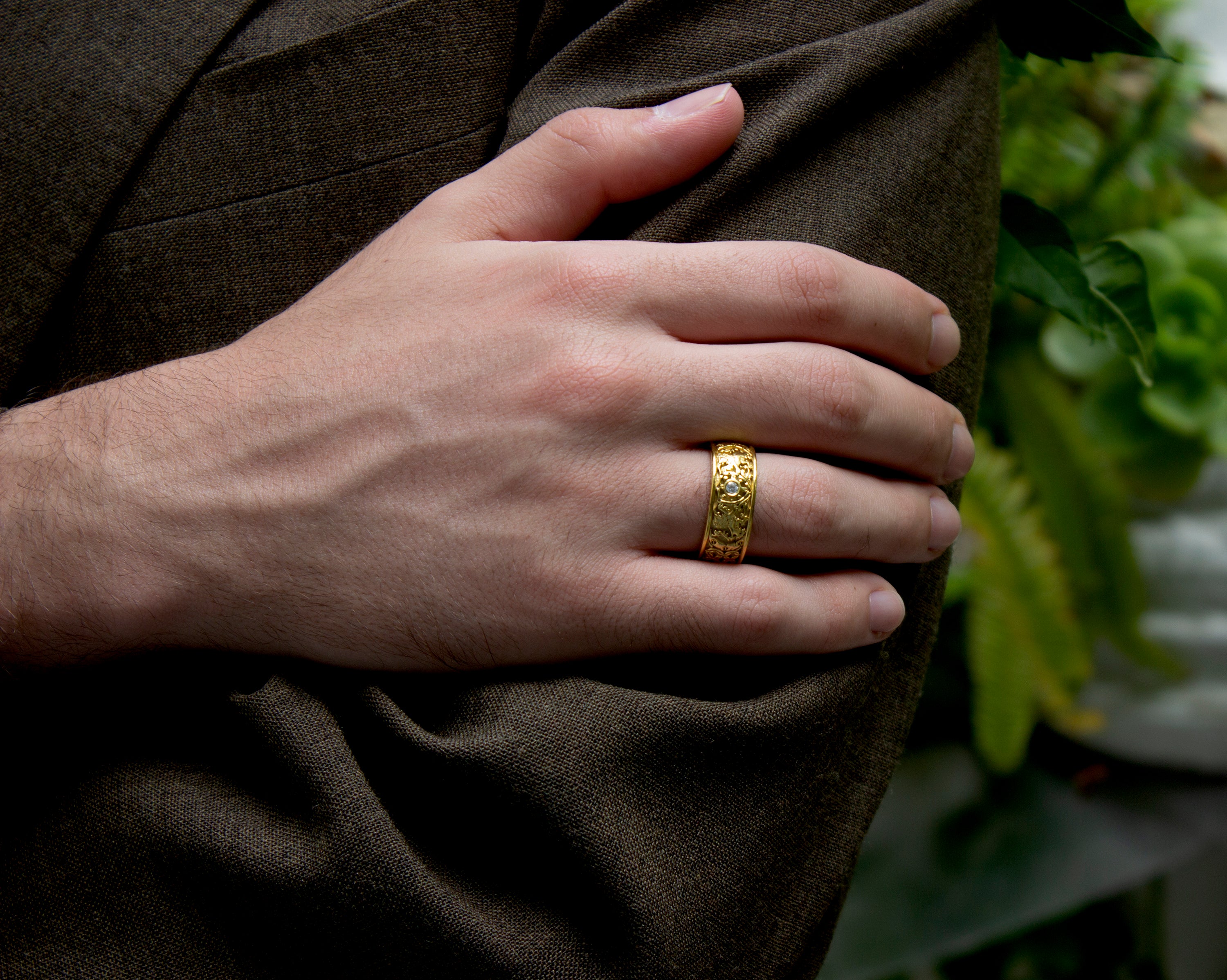 8mm Custom Made, Solid Yellow Gold Ring with Medieval Style Engravings, Shield, Lions and Round Cut Diamond