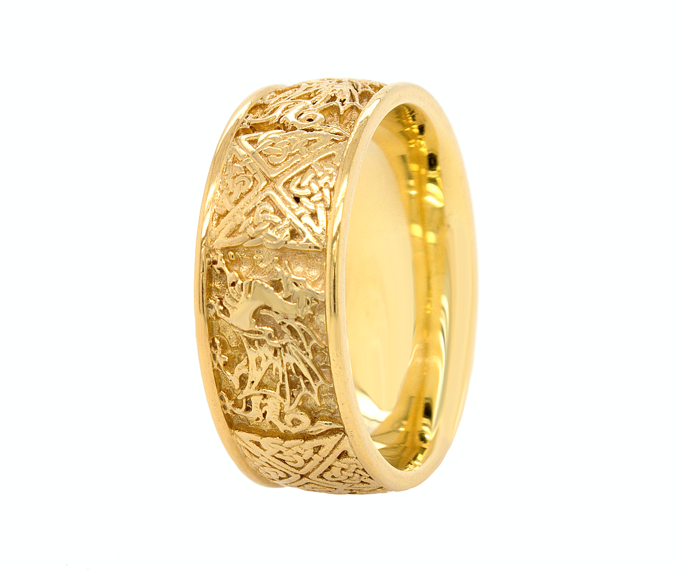 ring, ring on white background, gold ring, yellow gold ring, mens ring, women's ring, wedding band, solid gold ring, yellow gold ring, 8mm ring, engraved ring, custom gold ring, celtic ring, nordic ring, celtic knot ring, celtic dragon ring, dragon ring