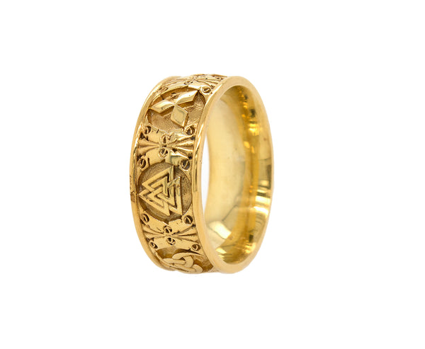 ring, ring on white background, gold ring, solid gold ring, solid yellow gold ring, wedding band, mens wedding band, womens wedding band, viking symbols, 6 symbols, engraved ring, unisex ring  Edit alt text