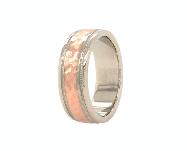 solid gold ring, rose gold wedding band, hammered ring, hammered texture, ring on white background, mens wedding band, women's wedding band