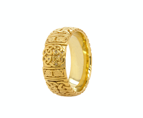 ring, ring on white background, solid golf ring, gold ring, yellow gold ring, mens ring, women's ring, engraved ring, custom ring, celtic knot ring, celtic knot, irish ring