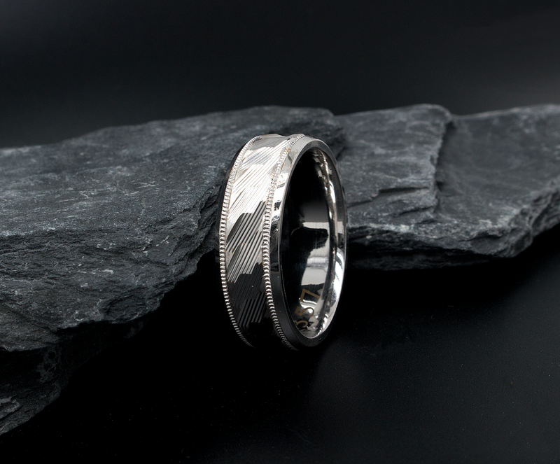 8mm, Flat Shaped, Solid White Gold Ring with Diagonal Grooved Pattern, and Milgrain Detailing