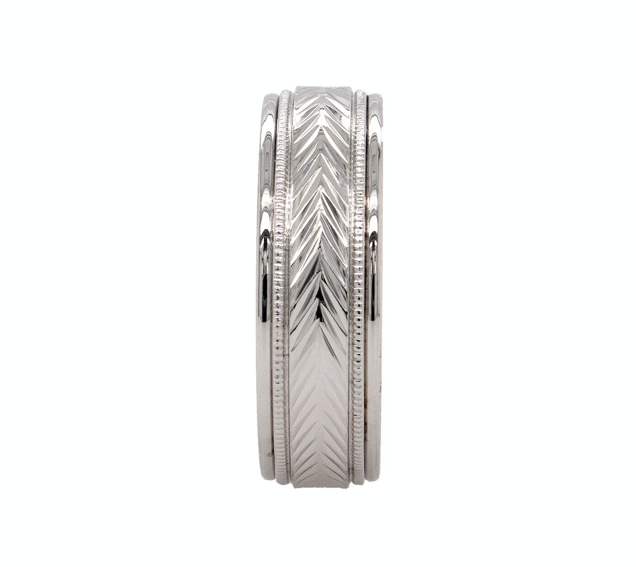 8mm, solid white gold ring, mens ring, womens ring, engraved ring, migrain engraving, v pattern, polished ring, unisex ring, wedding band, mens ring, womens ring, unisex ring, trendy rings