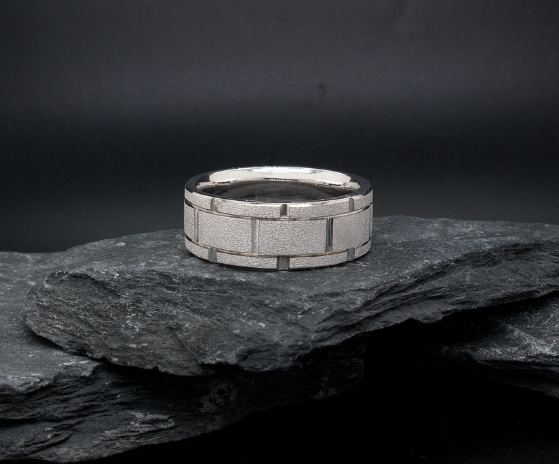 8mm, Custom Made, Flat Shaped, Solid White Gold Ring with Grooved Patterns and Laser Texture Exterior