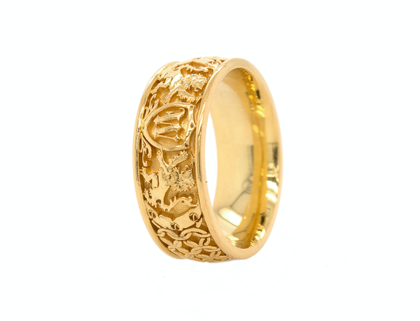 ring, ring on white background, gold ring, solid gold ring, yellow gold ring, engraved ring, ring with initial, ring with lions, medieval ring, wedding band, mens wedding band, womens wedding band, unisex ring, unique rings