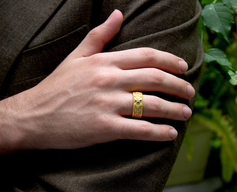ring, ring on model, man wearing a ring, suit, mens ring, womens ring, solid gold ring, solid gold wedding band, 8mm ring, gold ring, cross ring, engraved ring, custom ring, diamond ring, diamond wedding band