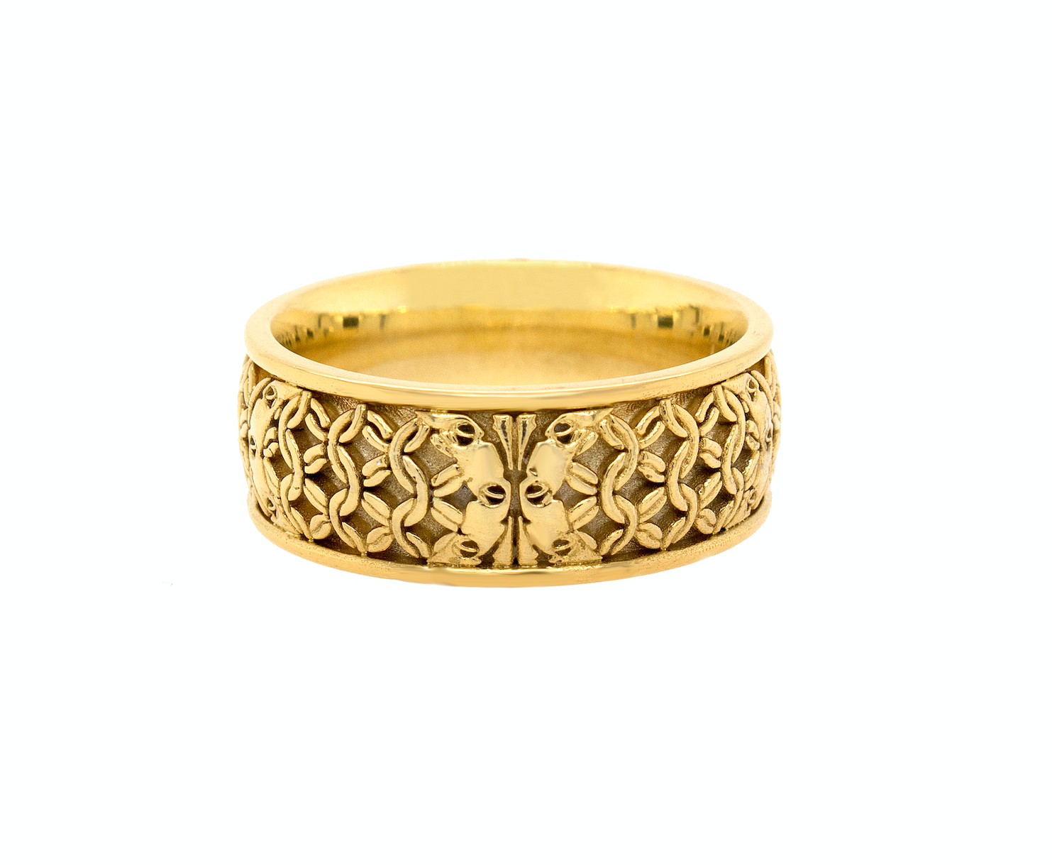 ring, ring on white background, mens ring, womens ring, solid yellow gold ring, gold wedding band, diamond ring, medieval ring, medieval engravings, custom ring, personalized ring, mens ring, womens ring