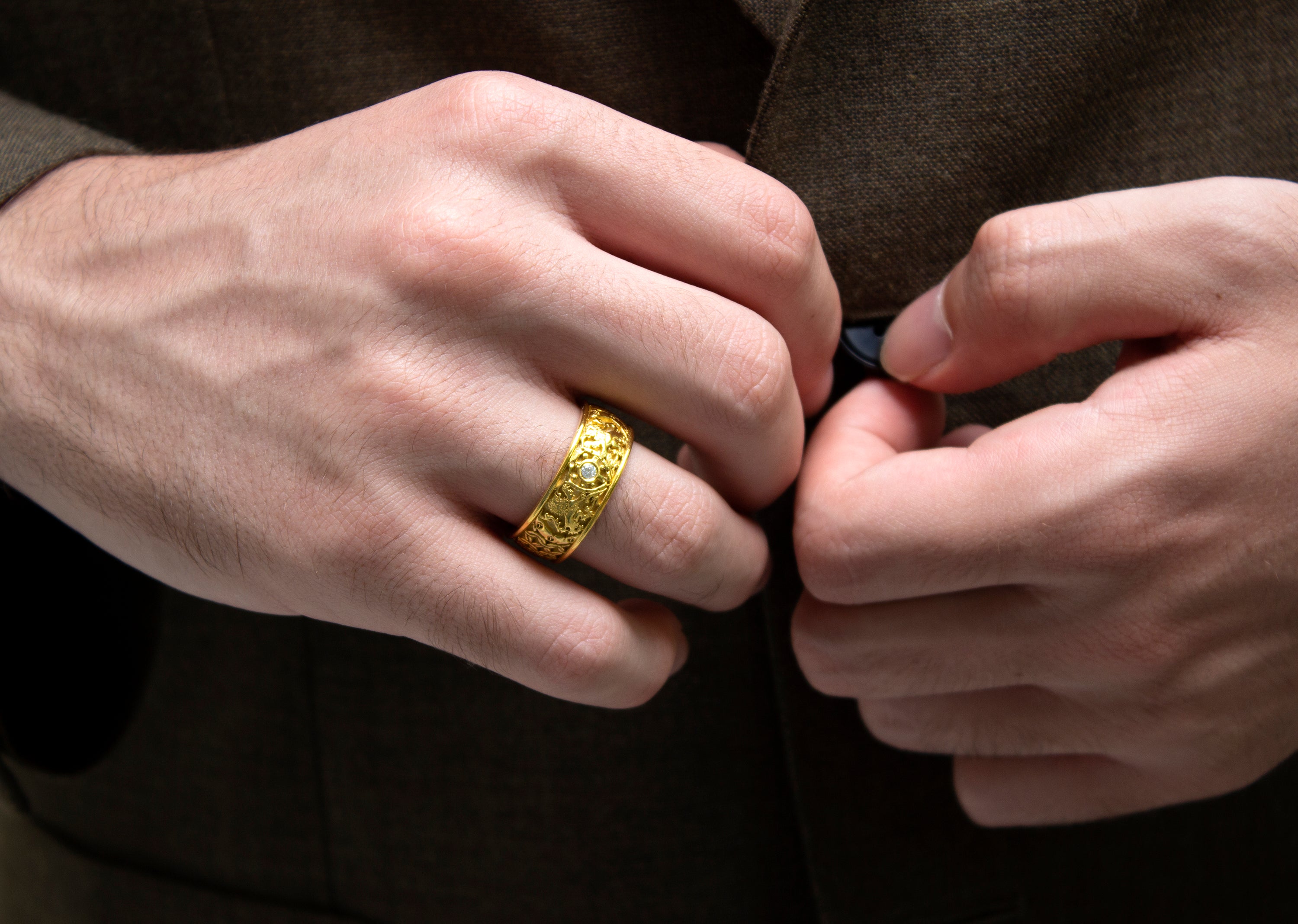 8mm Custom Made, Solid Yellow Gold Ring with Medieval Style Engravings, Shield, Lions and Round Cut Diamond