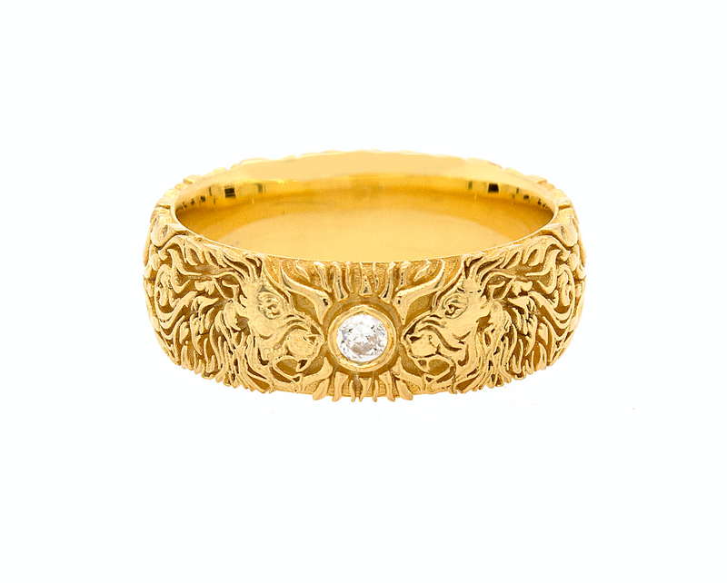 ring, ring on white background, mens ring, womens ring, solid gold ring, solid yellow gold ring, solid gold ring with diamond, diamond ring, medieval ring, lion ring, custom ring, engraved ring