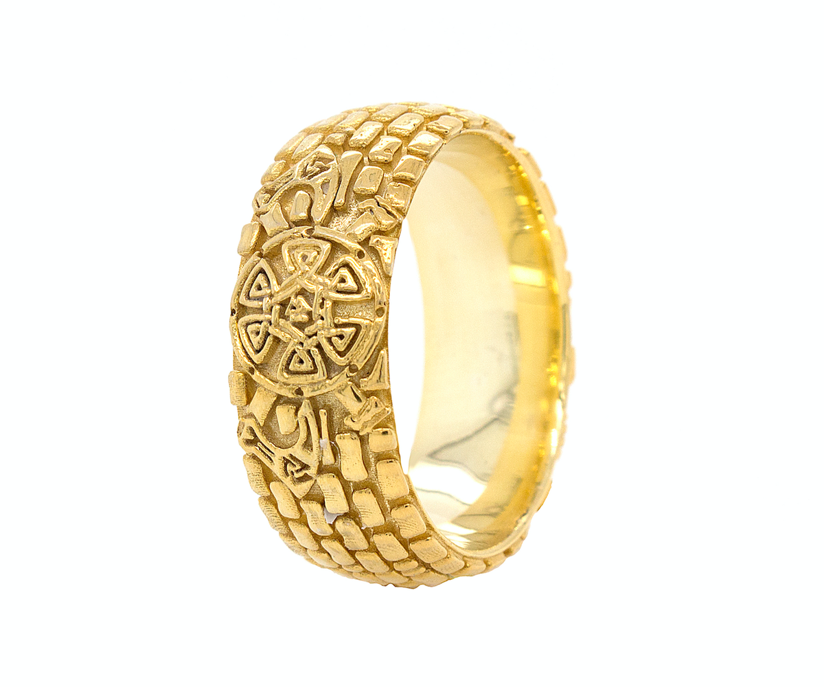8mm, Custom Made, Dome Shaped Solid Yellow Gold Ring with Brick Patter