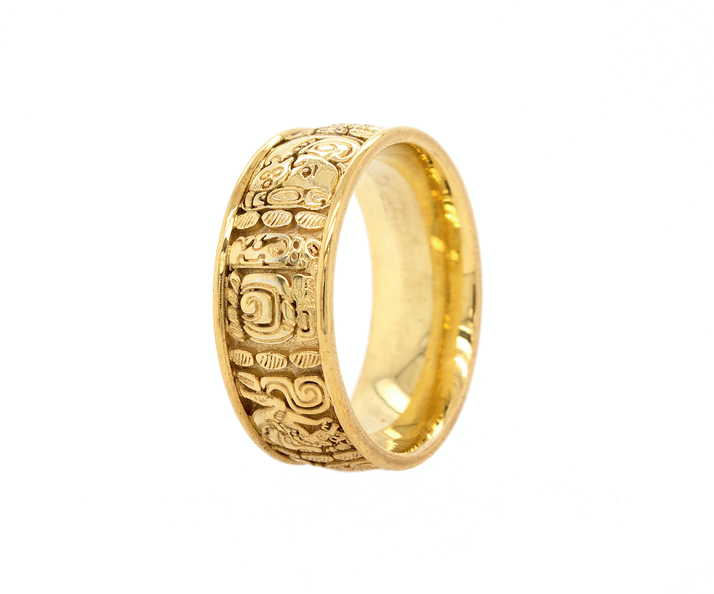 ring, ring on white background, mens ring, womens ring, wedding band, solid gold ring, gold wedding band, mayan ring, ring with mayan symbols, engraved ring, custom ring, unique ring, historical ring