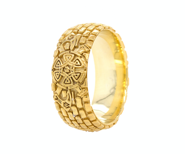 ring, ring on white background, mens ring, women's ring, gold ring, solid gold ring, brick pattern ring, viking shield, swords, axes, yellow gold ring, mens ring, women's ring, 8mm ring, dome shaped ring