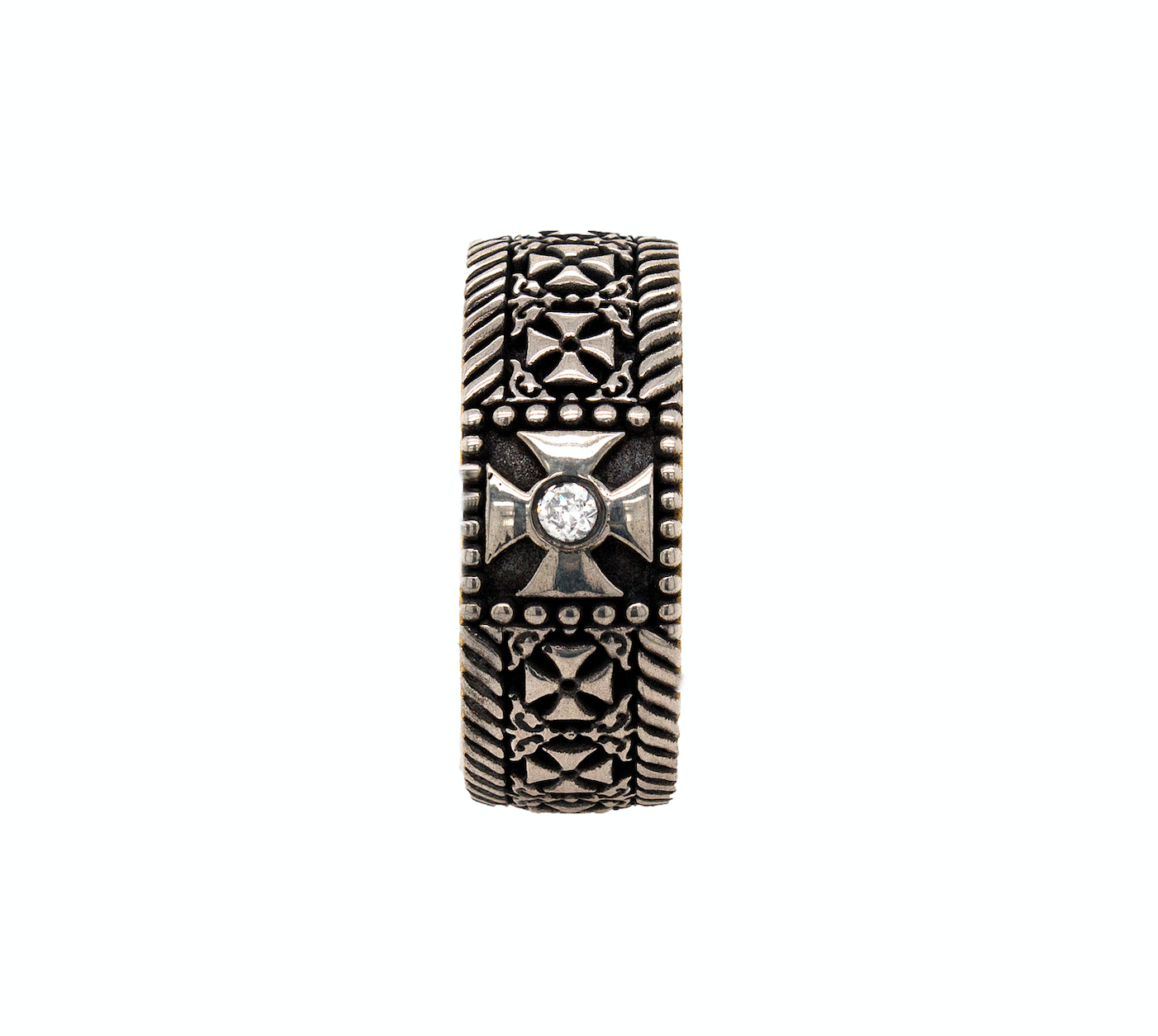ring, ring on white background, sterling silver ring, yellow gold plate ring, oxidized silver ring, cross ring, ring with crosses, diamond ring, ring with diamond, celtic cross ring, mens ring, women's ring, celtic ring