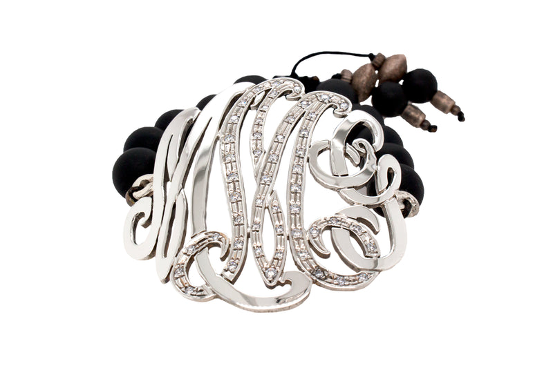 silver, silver bracelet on white background,  monogram, monogram bracelet, beaded bracelet, black beads, matte beads, adjustable bracelet, cubic zirconia bracelet, adjustable bracelet, custom made, initial, initial bracelet