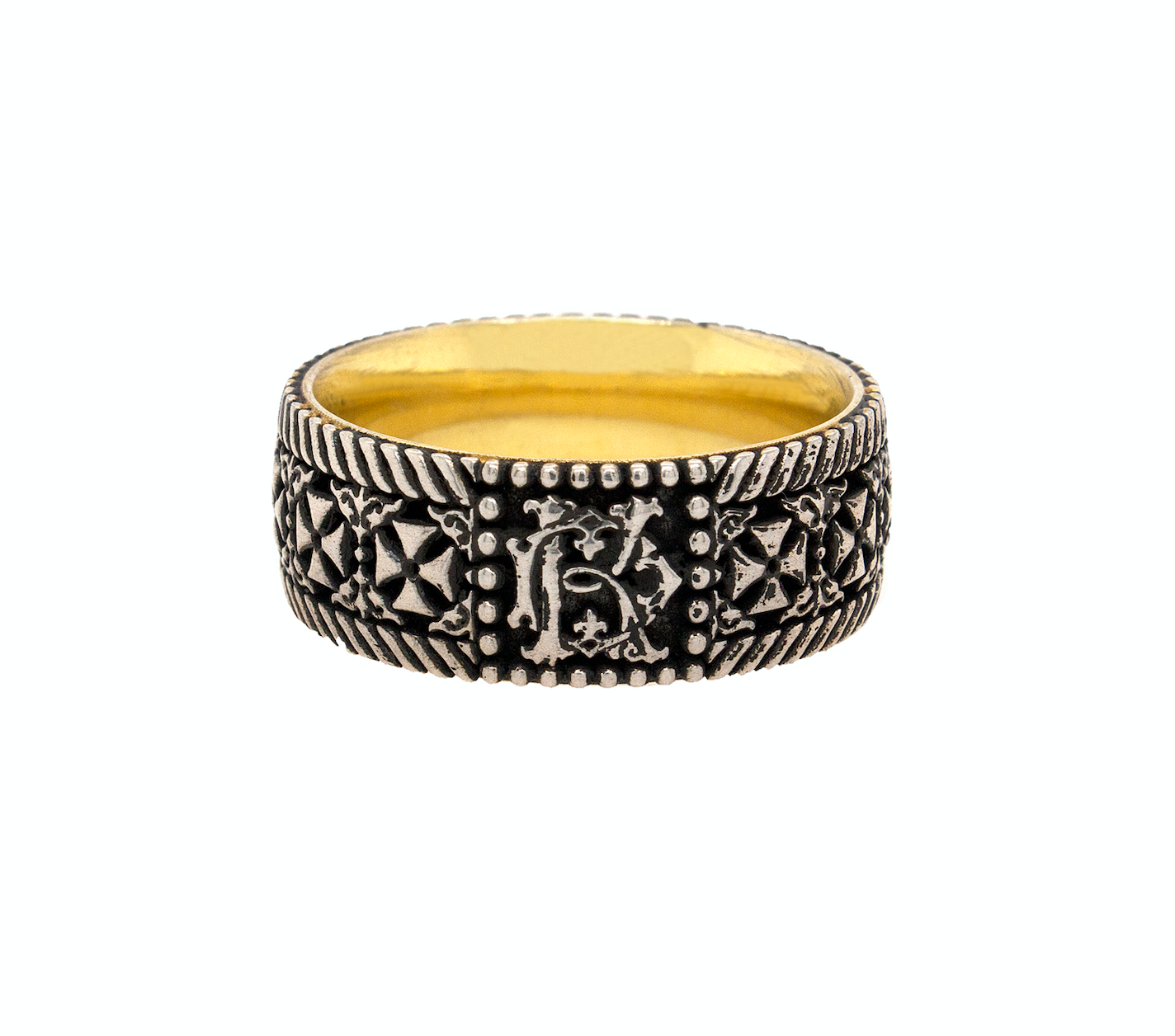 ring, ring on white background, yellow gold plated ring, silver ring, sterling silver ring, cross ring, monogram ring, custom monogram, personalized initials, celtic crosses, mens ring, women's ring