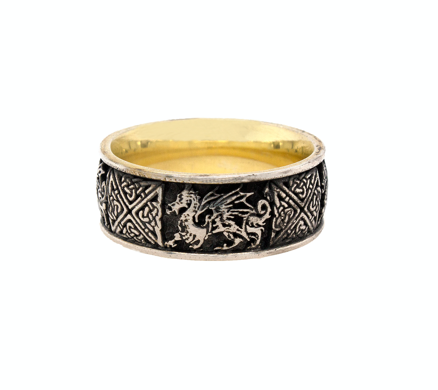 ring, ring on white background, sterling silver ring, oxidized ring, yellow gold plated ring, engraved ring, custom ring, custom engraving, celtic designs, celtic knot engraving, dragon engraving, dragon ring, unique ring, mens ring, women's ring