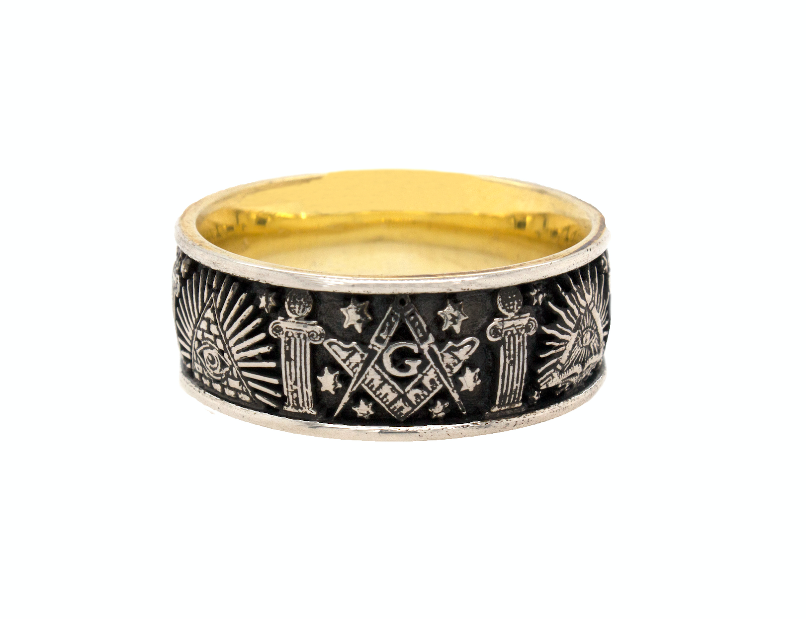ring, ring on white background, silver ring, sterling silver ring, mens ring, women's ring, yellow gold plated ring, oxidized silver ring, masonic ring, mason symbols, mens mason ring, fashion ring