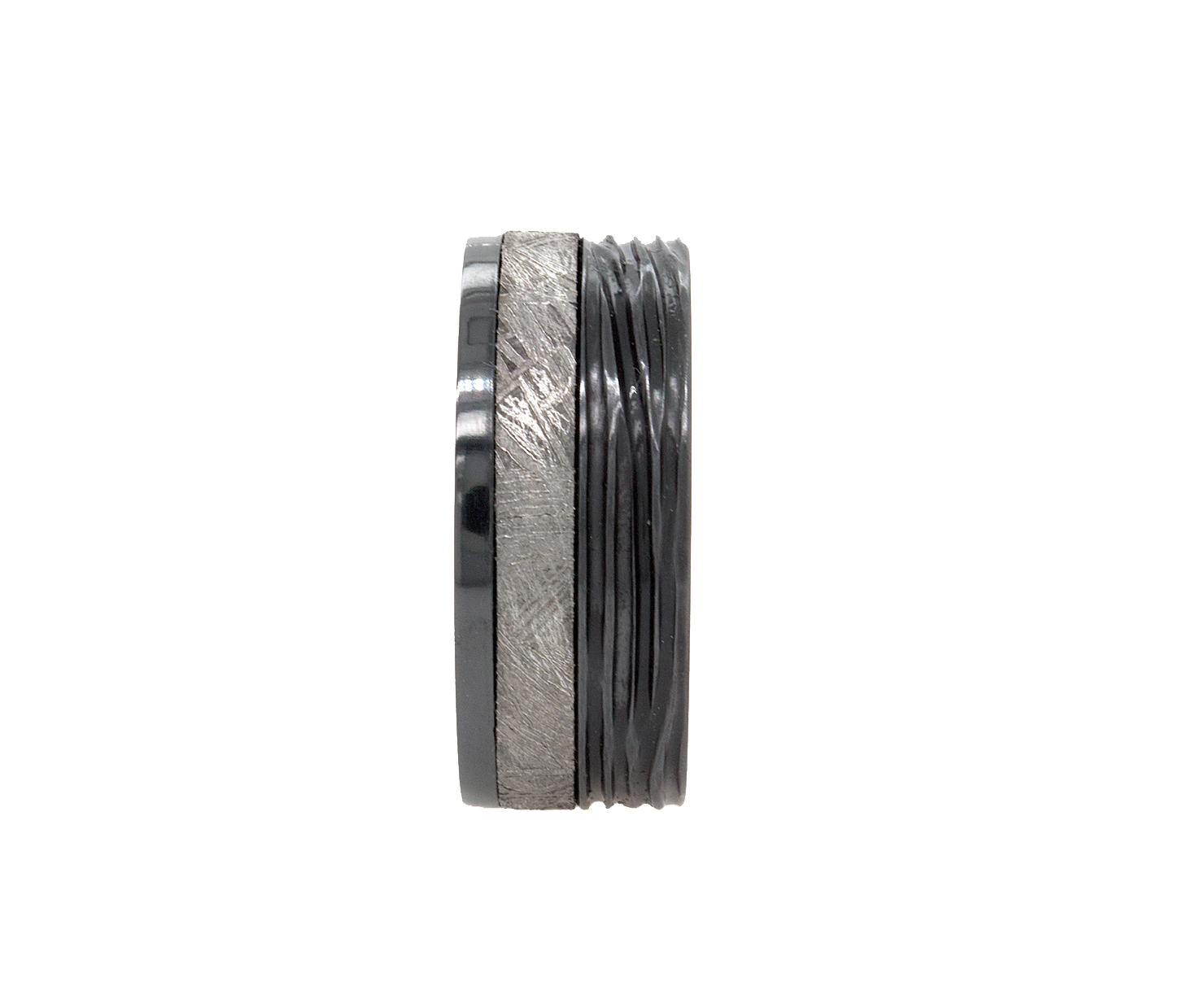 9mm Custom Made Black Zirconium Ring with Real Meteorite Inlay and Natural Textures