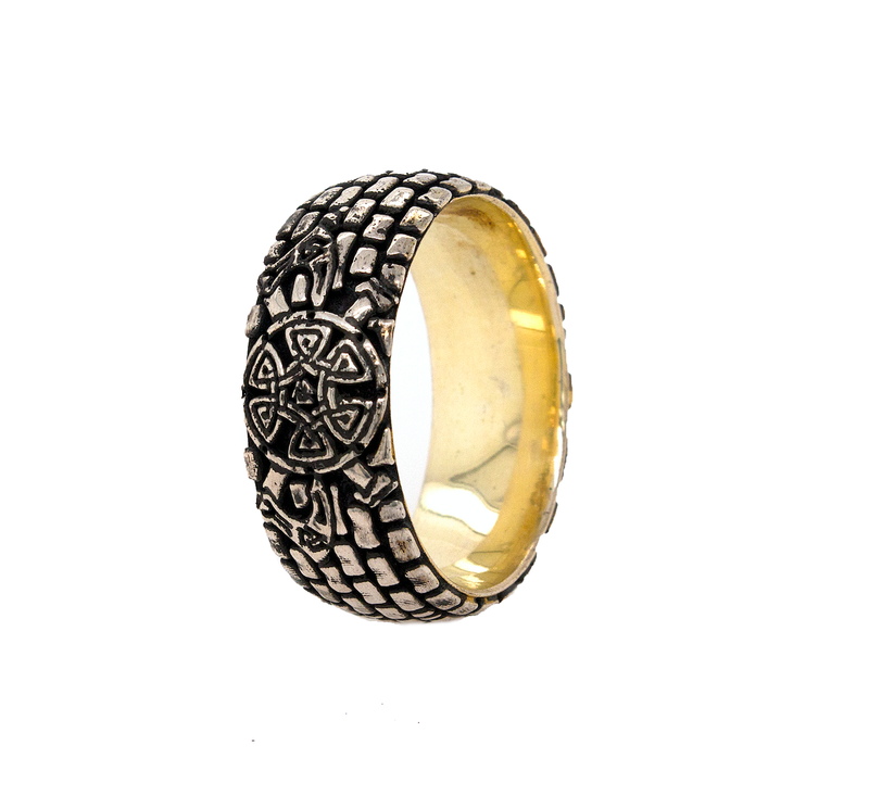 ring, ring on white background, mens rings, women's rings, silver ring, dome shaped ring, 8mm ring, yellow gold plated ring, brick pattern, viking ring, viking symbols, shield, swords, axes, hammer, custom silver ring