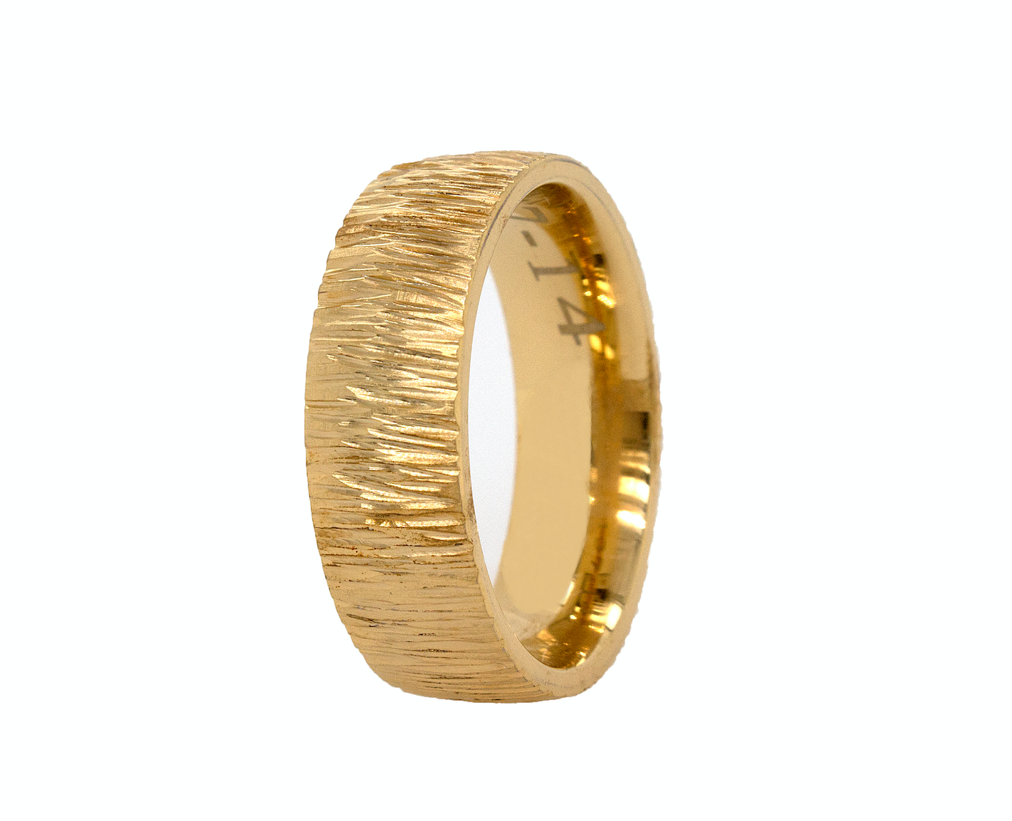 ring, ring on white background, yellow gold ring, dome shaped ring, solid yellow gold ring, tree bark texture, textured ring, tree bark ring, custom ring, mens ring, womens ring, unisex ring, wedding band, wedding band for men, 8mm ring