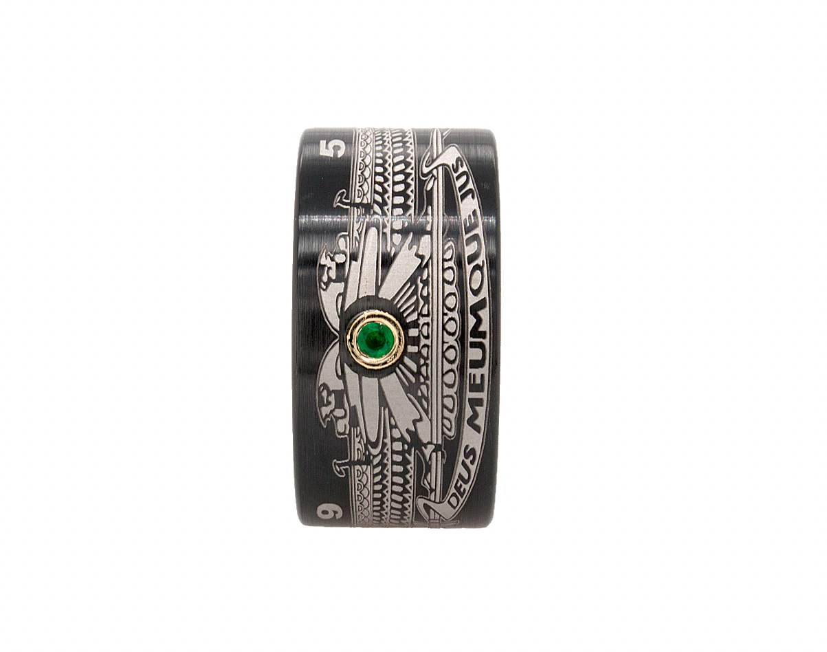 ring, ring on white background, black tungsten, black plated tungsten ring, custom ring, engraved ring, emerald ring, pipe cut ring, ring with emerald, gemstone wedding band, masonic ring, ring with masonic symbols, mason ring