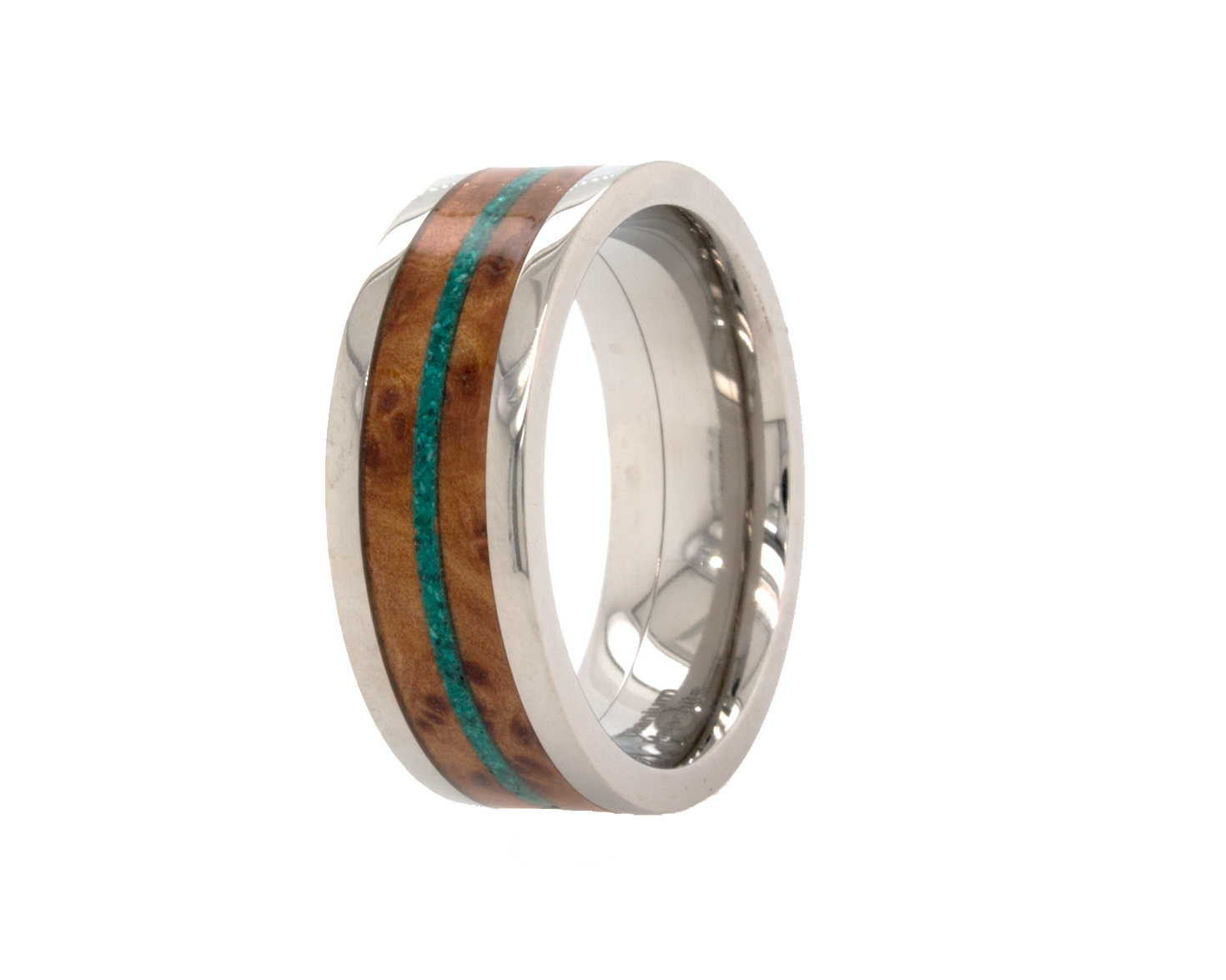 ring, ring on white background, titanium ring, titanium wedding band, wooden ring, titanium ring with wooden inlay, ring with green malachite, wooden wedding band, mens wedding band, women's wedding band, unique ring