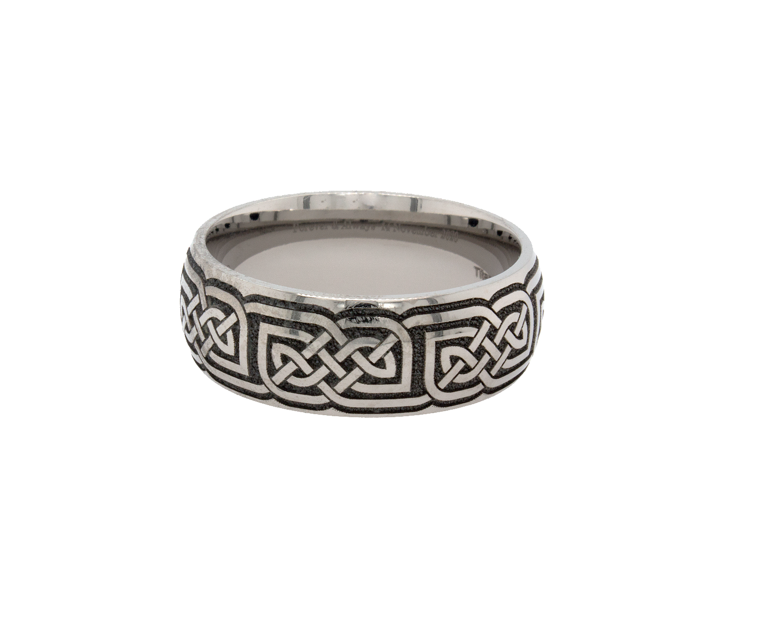 ring, ring on white background, titanium ring, 8mm ring, engraved ring, celtic ring, celtic knot engraving, wedding band, mens wedding band, women's wedding band, titanium wedding band, custom ring, irish ring, silver color ring