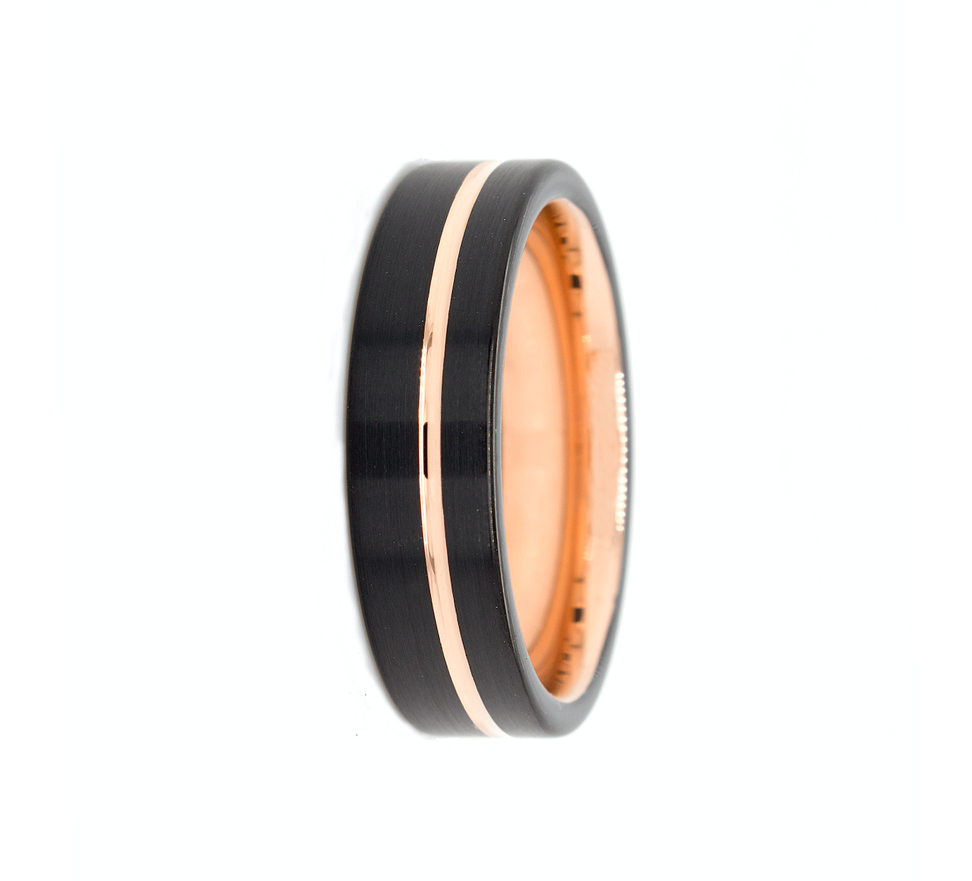 ring, ring on white background, black ring, rose gold ring, black plated tungsten, tungsten wedding band, rose gold wedding band, flat shaped ring, brushed tungsten ring, ring with offset groove, black and rose gold ring, wedding band, mens wedding band, women's wedding band