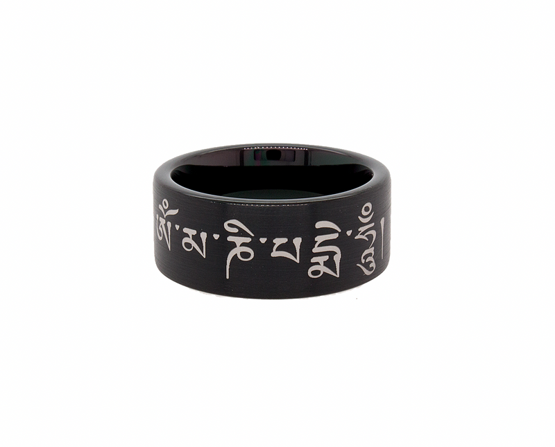 ring, ring on white background, black ring, black plated tungsten ring, pipe cut ring, brush finished ring, ring with engraving, buddhist engraving, ring with buddhist saying engraving, custom wedding band, personalized wedding band, engraved ring, ring with engraving