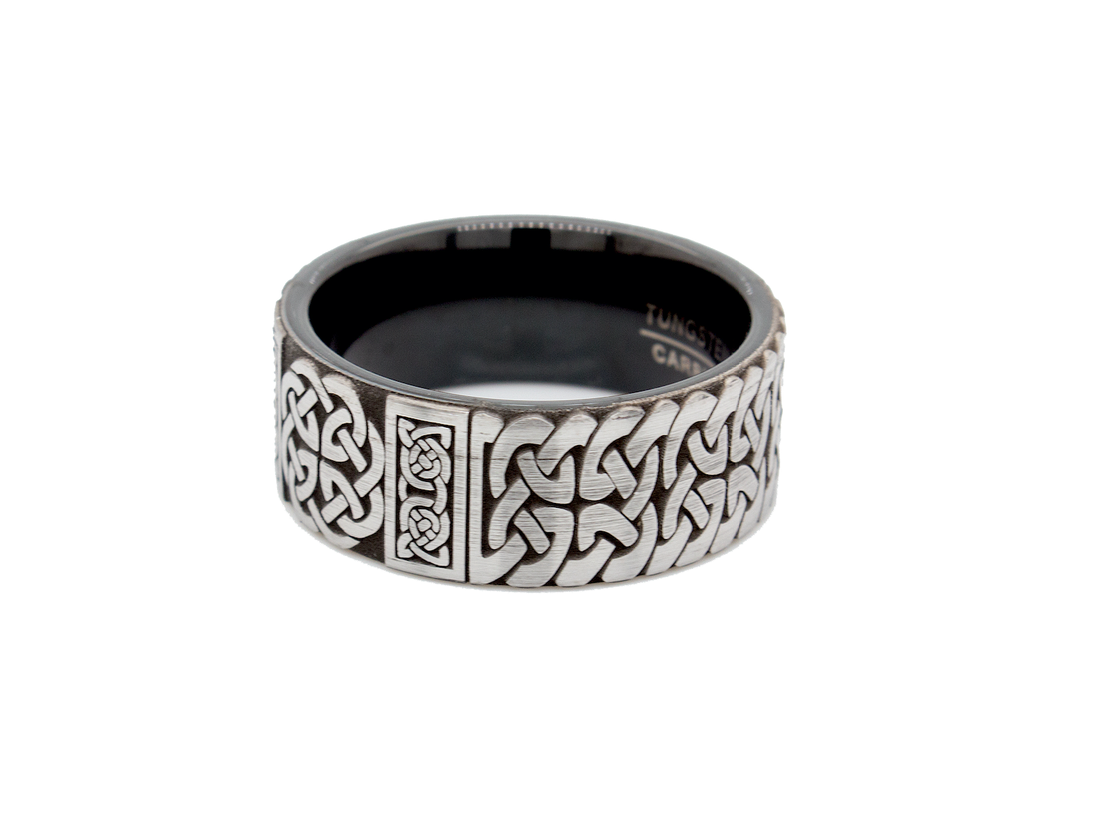 ring, ring with white backgrounds, tungsten wedding band, black plated tungsten, celtic knot engraving, celtic ring, celtic pattern, engraved ring, pipe cut ring