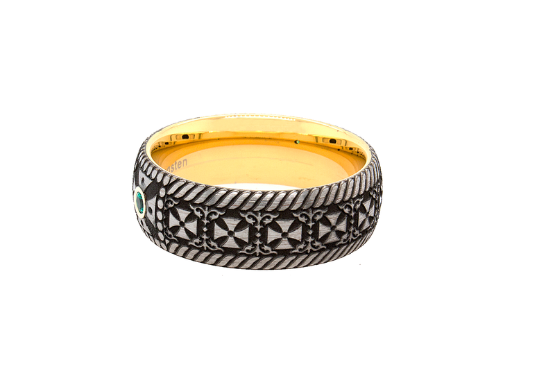 8mm Custom Made Dome Shaped Tungsten Ring with Yellow Gold Plated Interior, Cross Engravings and Round Cut Emerald