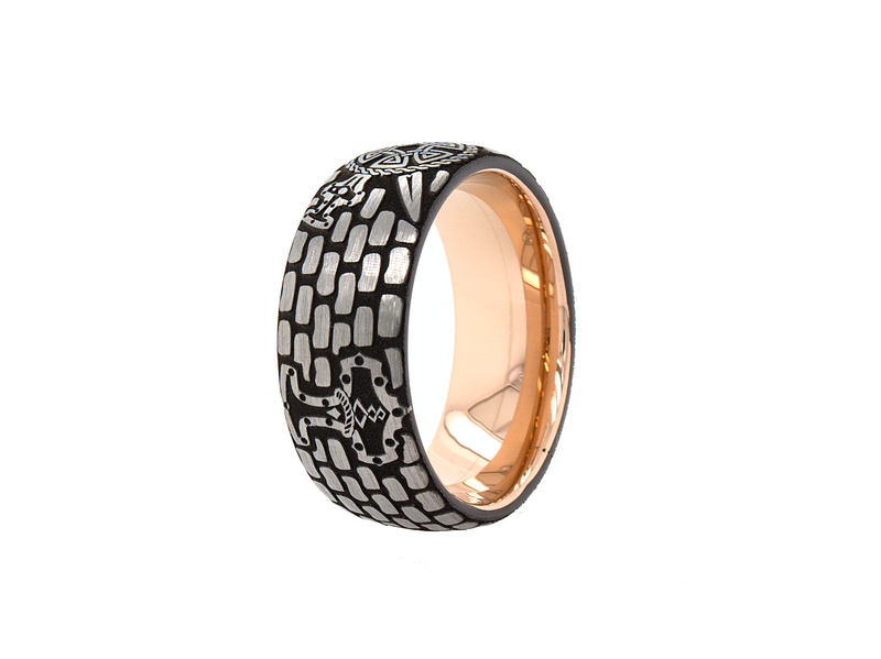 ring, ring with white background, rose gold ring, tungsten ring, brick pattern ring, rose gold plated ring, viking ring, viking shield, viking swords, viking axes, ax ring, custom ring, engraved ring, 8mm ring, wedding band