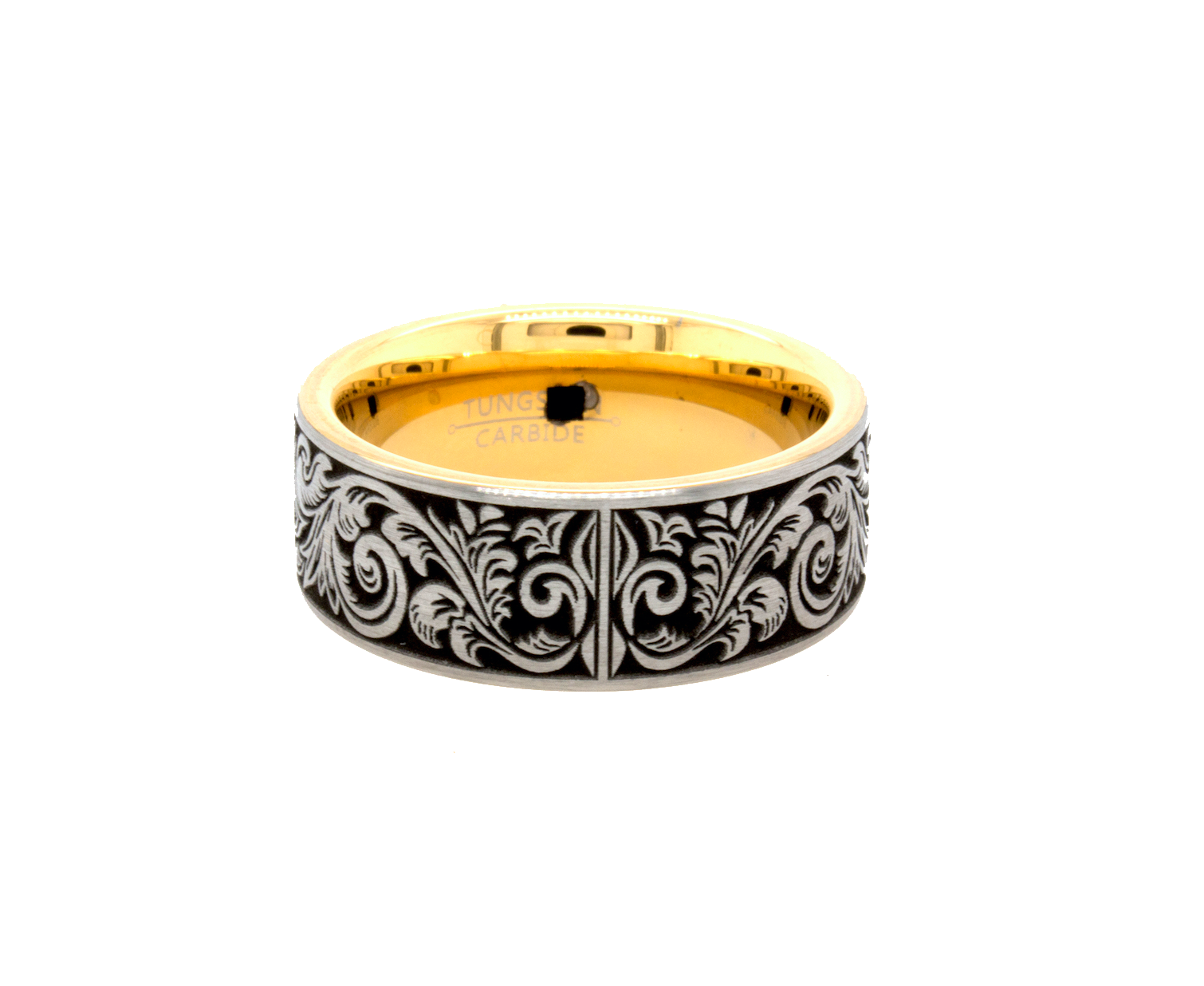 ring, ring with white background, tungsten ring, wedding band, tungsten wedding band, square shaped diamond, black diamond, yellow gold plated tungsten ring, victorian style wedding band, victorian designs