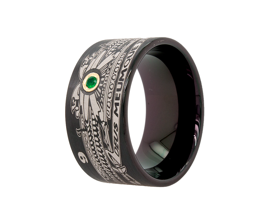 ring, ring on white background, black tungsten, black plated tungsten ring, custom ring, engraved ring, emerald ring, pipe cut ring, ring with emerald, gemstone wedding band, masonic ring, ring with masonic symbols, mason ring
