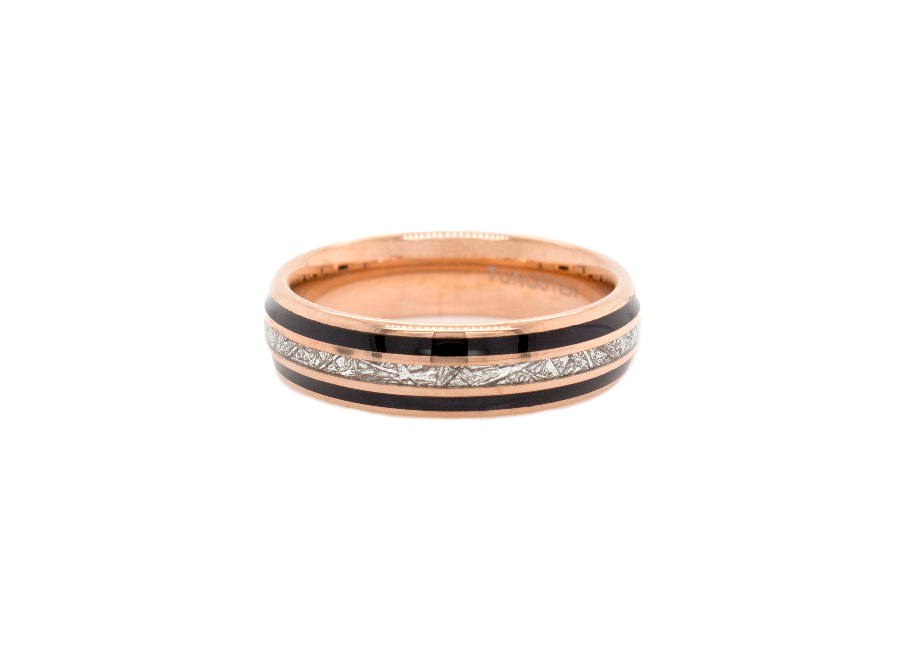 6mm Dome Shaped Rose Gold Tungsten with Meteorite Inlay and Double Black Enamel Lines
