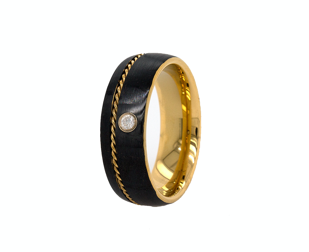 ring, ring on white background, tungsten, tungsten ring, wedding band, mens rings, wedding band, tungsten wedding band, black ring, yellow gold plated ring, ring with diamond, diamond wedding band, round shaped diamond, twisted rope inlay