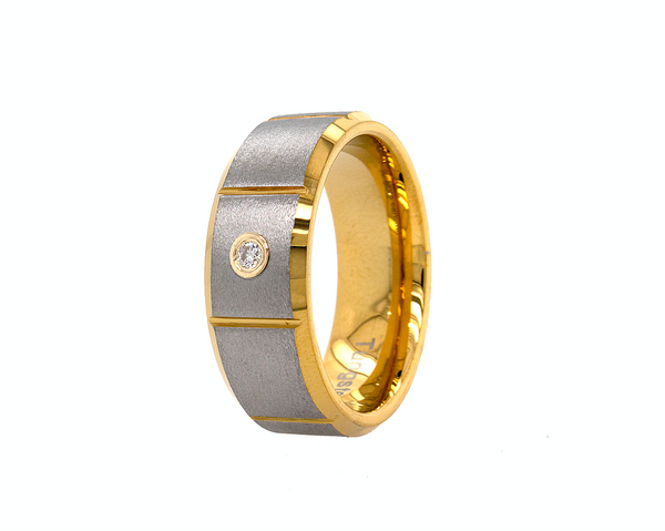 ring, ring on white background, tungsten ring, matte ring, yellow gold ring, gold plated tungsten ring, flat shaped ring, diamond ring, round cut diamond, ring with vertical grooves, textured ring