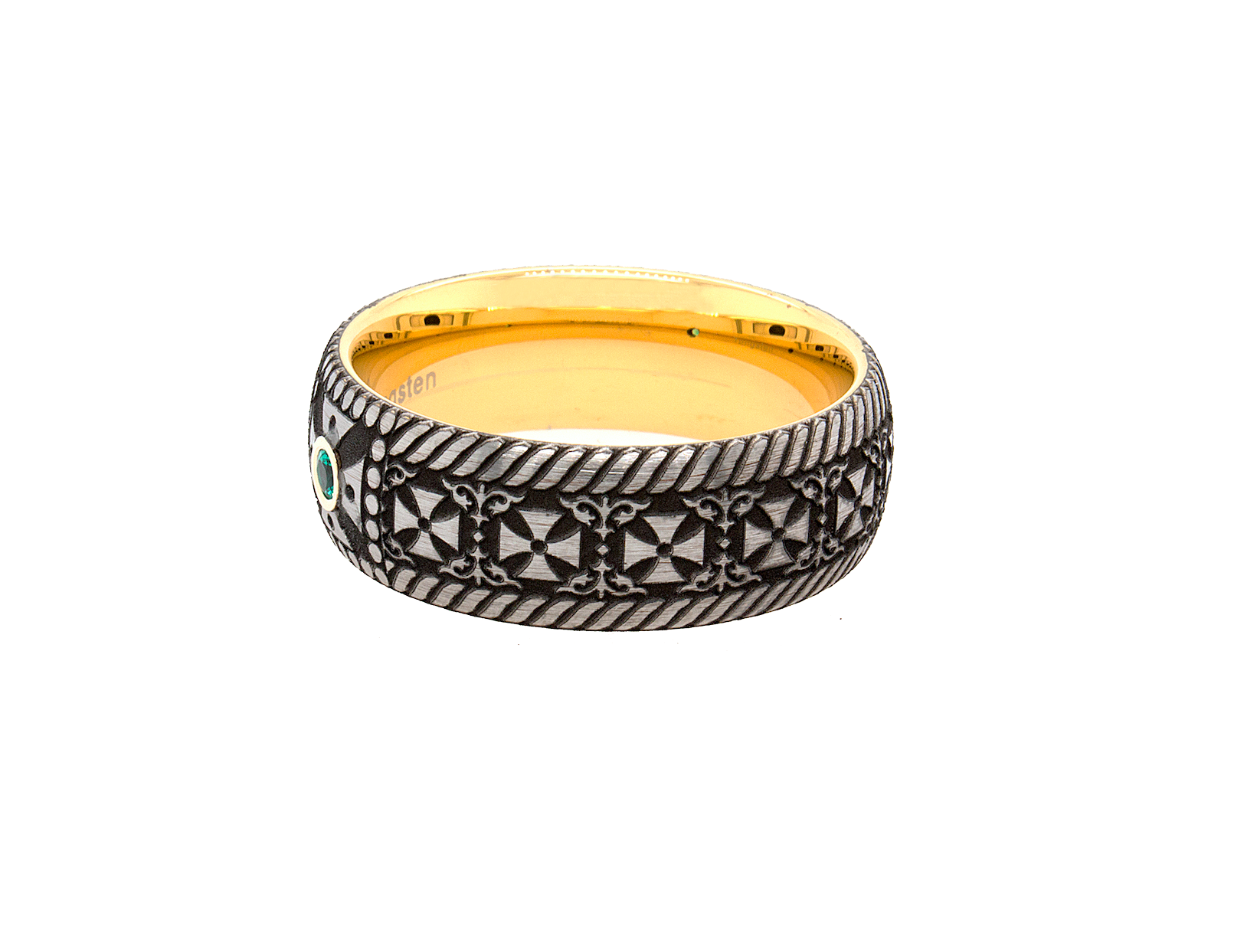 ring, ring on white background, tungsten ring, ring with yellow gold plating, ring with emerald, emerald wedding band, cross ring, ring with crosses, gemstone ring, birthstone ring, religious ring, mens wedding band, women's wedding band