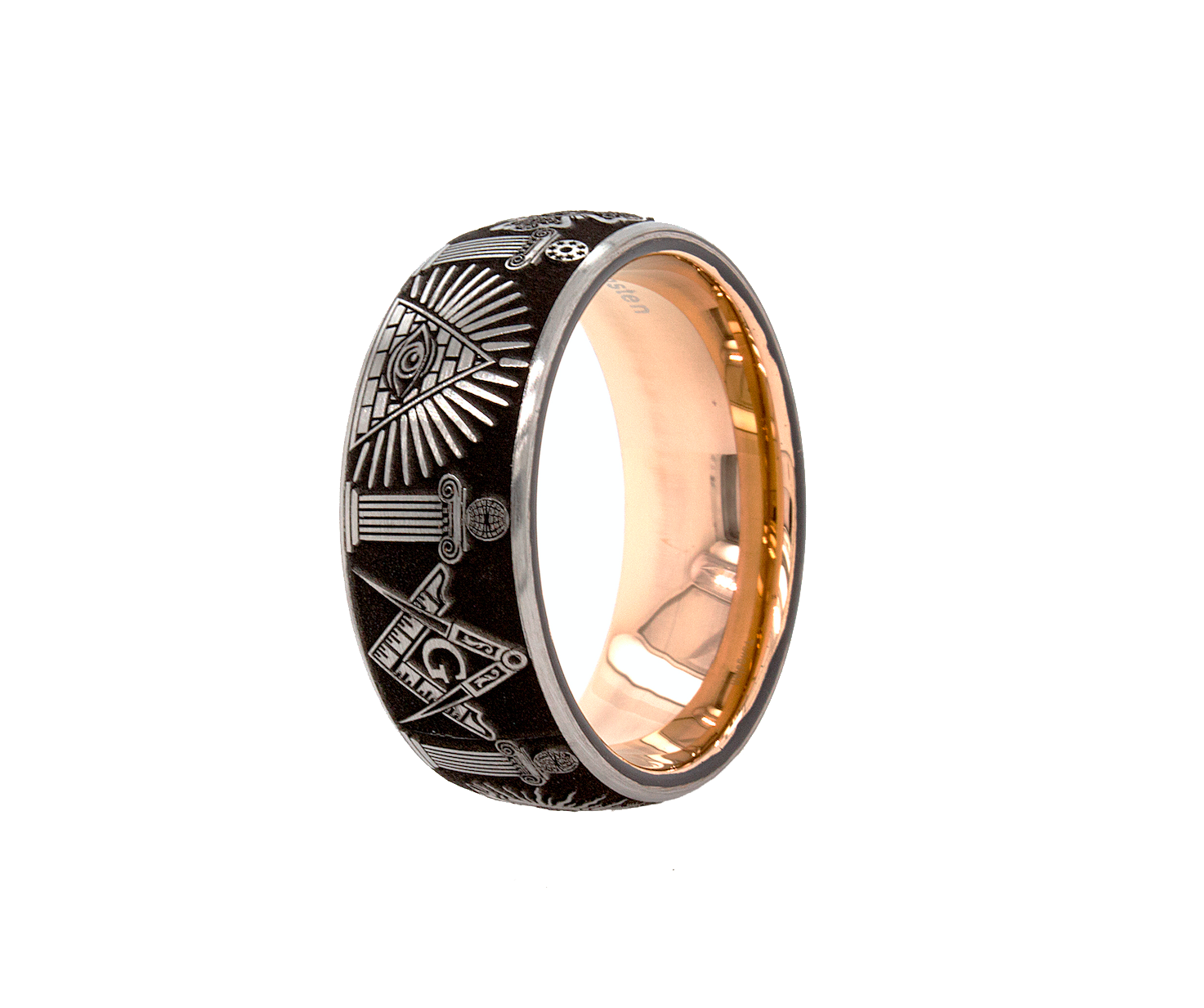 ring, ring with white background, masonic ring, tungsten ring, tungsten wedding band. rose gold ring, mason ring, ring with symbols, 8mm ring, dome shaped ring, wedding band, mens wedding band, women's wedding ba