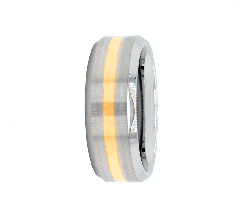 ring, ring on white background, tungsten ring, tungsten wedding band, brushed ring, brushed tungsten ring, ring with yellow line, yellow gold plated ring, mens wedding band, women's wedding band  Edit alt text