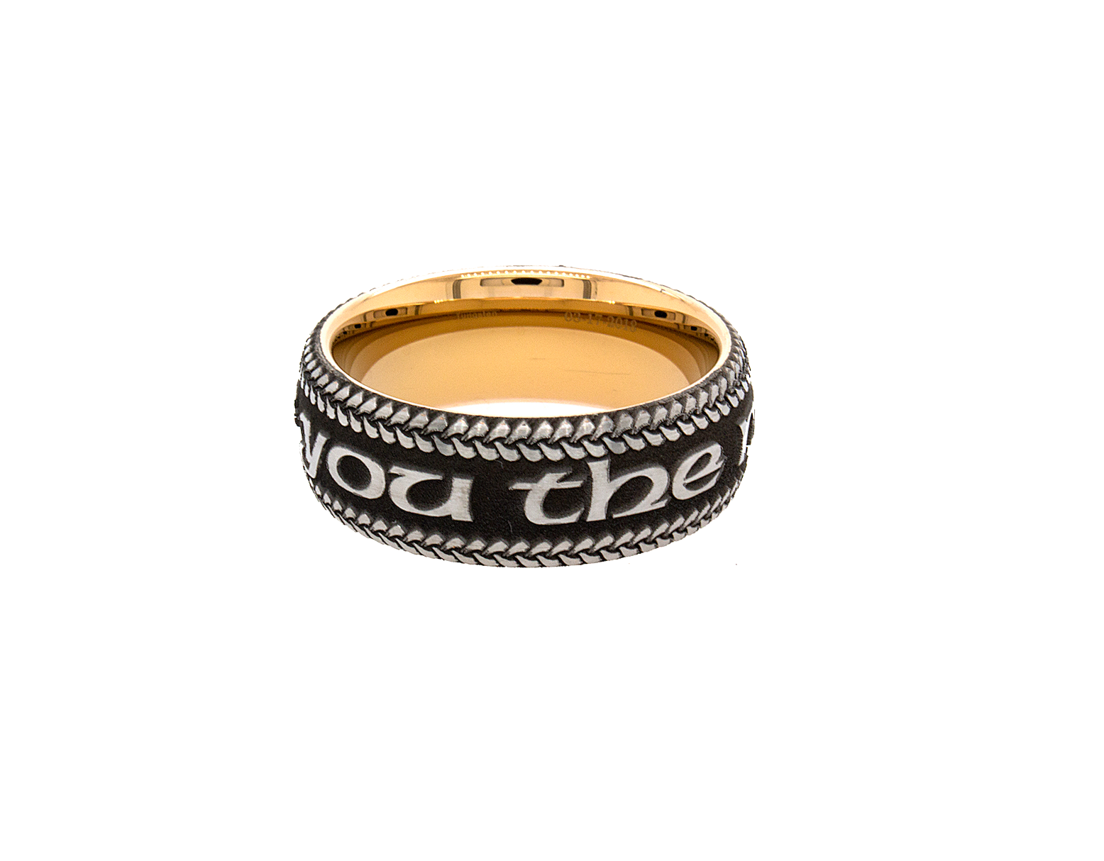 ring, ring on white background, matte black ring, ring with gold plating, i love you, i love you ring, ring with i love you engraved on it, engraved wedding band, engraved ring, personalized ring, custom ring