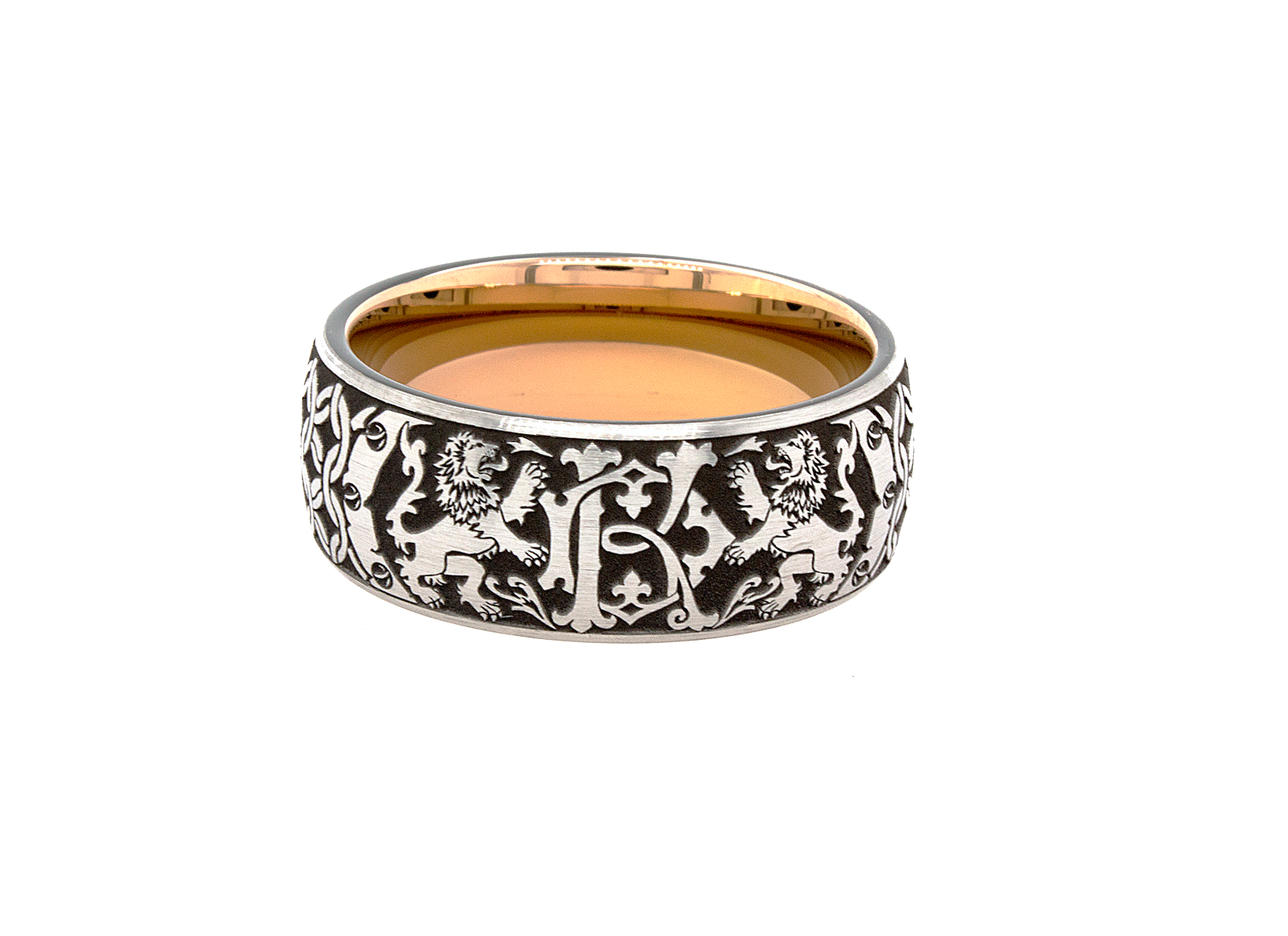 ring, ring on white background, mens wedding band, tungsten ring, rose gold plated ring, medieval ring, ring with engravings, engraved wedding band, engraved tungsten ring, ring with lions, lion ring, personalized ring, custom made ring  Edit alt text