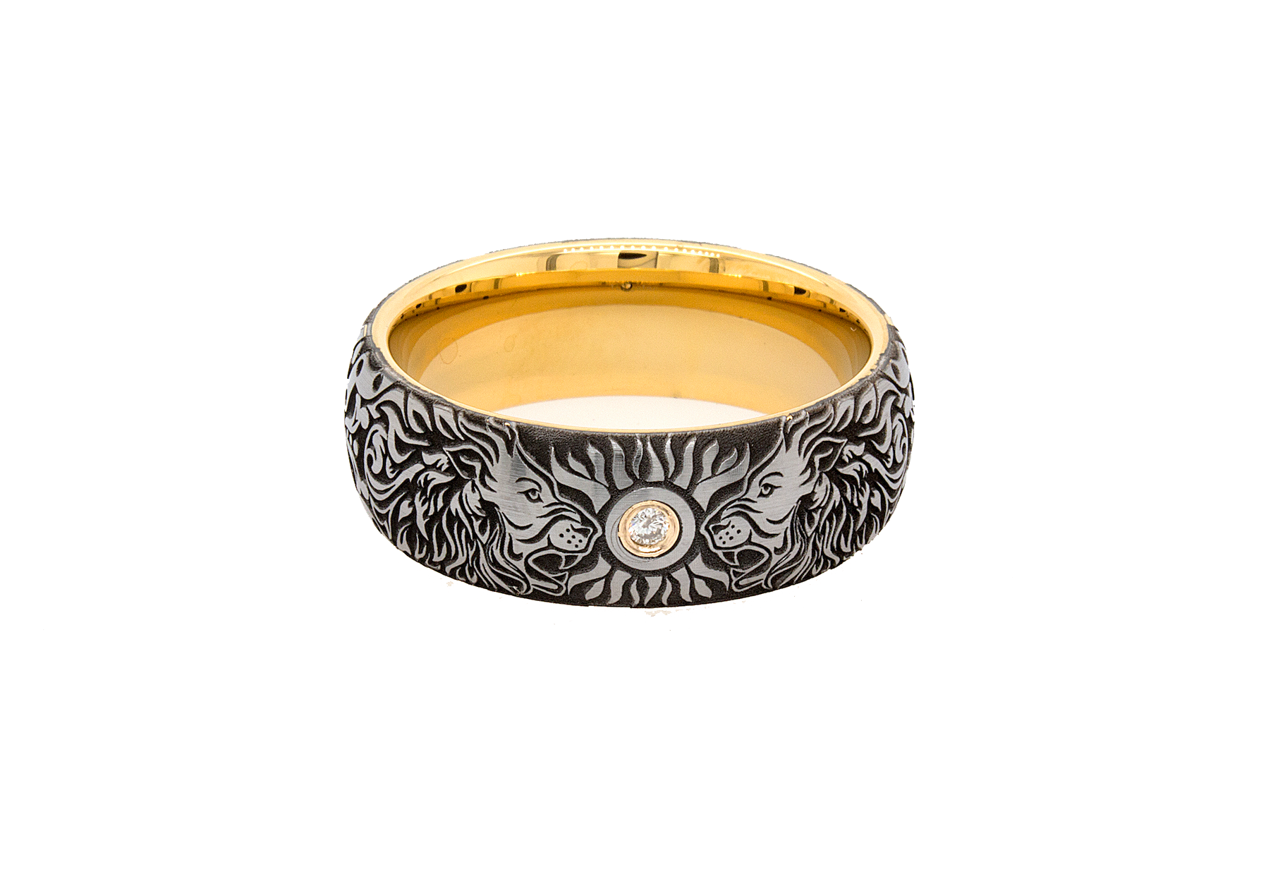 ring, ring with white background, tungsten ring, dome shaped ring, tungsten wedding band, engraved ring, ring with lions, diamond ring, ring with diamond, yellow gold plated ring, unique ring