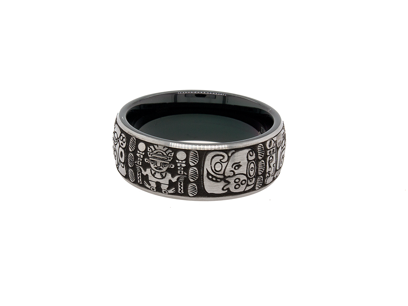 ring, ring on white background, mens wedding band, women's wedding band, 8mm ring, 8mm tungsten band, black plated ring, mayan wedding band, custom wedding band, engraved ring, ring with mayan symbols