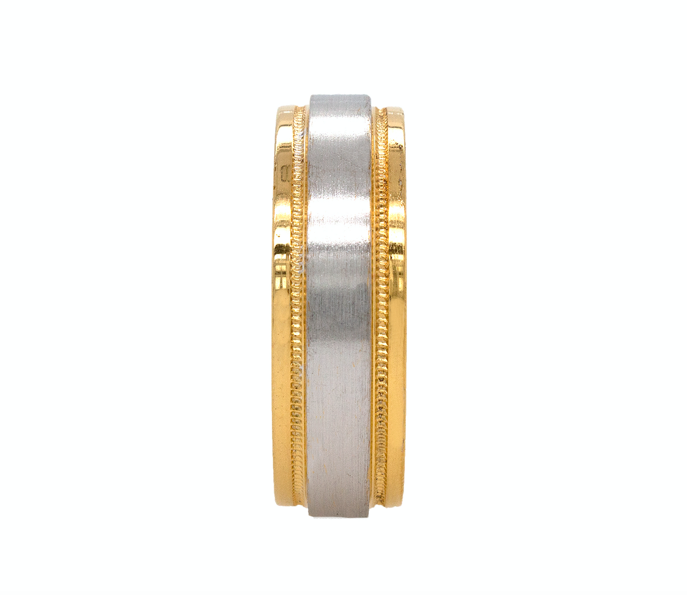 ring, ring on white background, mens rings, womens ring, unisex ring, two toned ring, yellow gold and white gold ring, brushed center, polished edges and interior, migrain engraving, stepped edges, wedding band, mens wedding band, womens wedding band, minimalist ring
