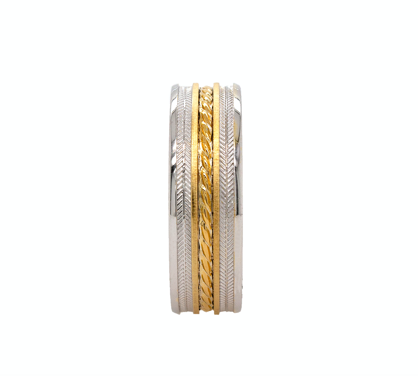 ring, ring on white background, solid gold ring, white gold ring, yellow gold ring, textured ring, engraved ring, two-toned ring, wedding band, flat shaped ring, mens wedding band, womens wedding band, unisex ring