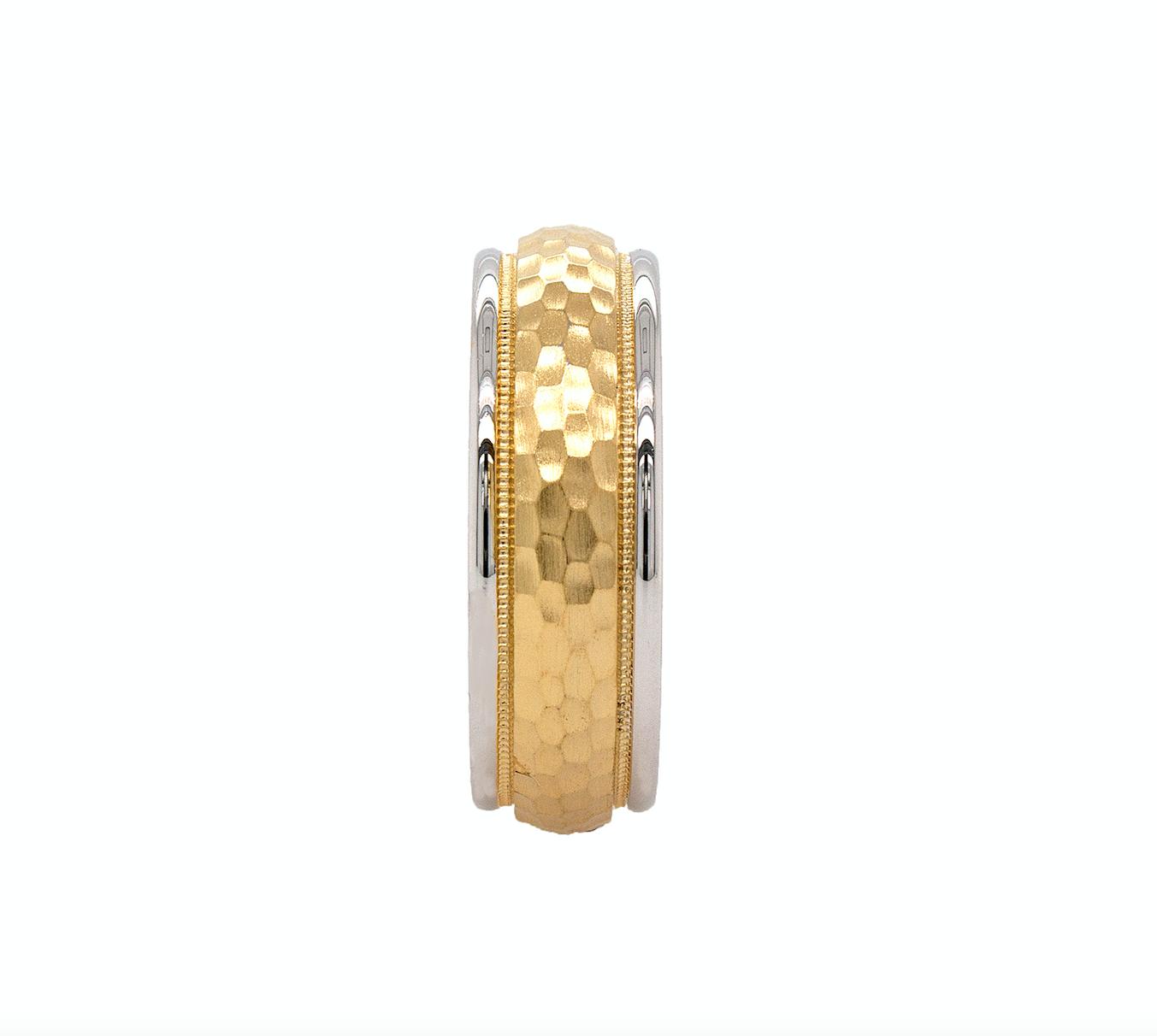 ring, ring on white background, domed ring, solid gold ring, hammered ring, wedding band, unisex ring, stackable ring, textured ring, two toned ring, solid yellow gold ring, white gold ring, 8mm ring