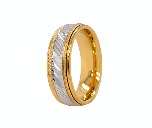 two toned ring, solid gold ring, white gold and yellow gold ring, grooved pattern, diagonal grooves, stepped edges, migrain engraving, polished ring, mens wedding band, womens wedding band, unisex ring, custom made ring 